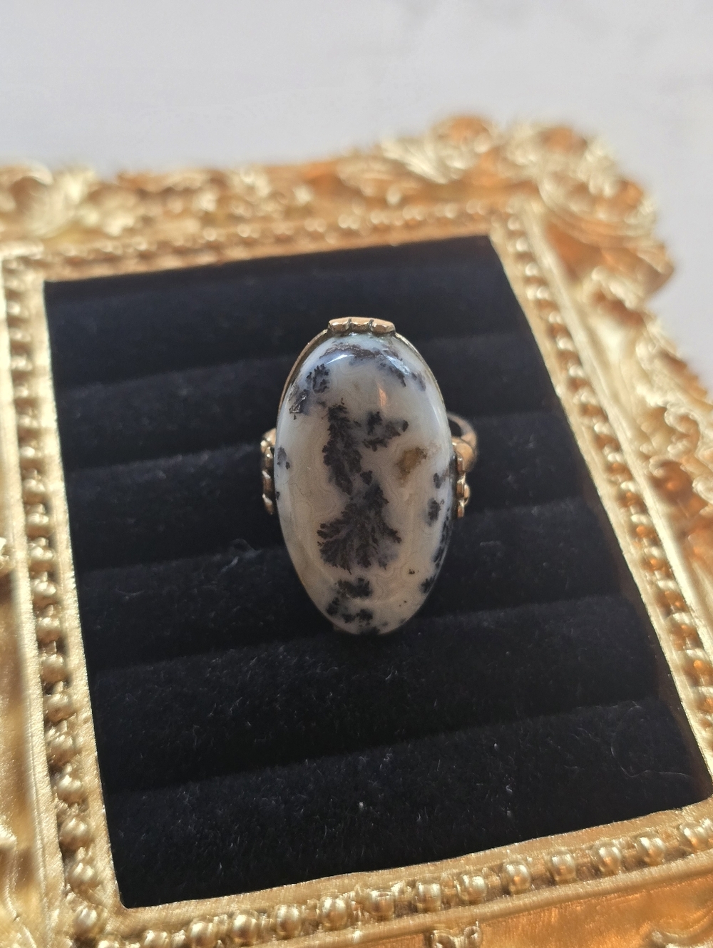 Vintage Gold-Tone Black & White Stone Statement Ring
